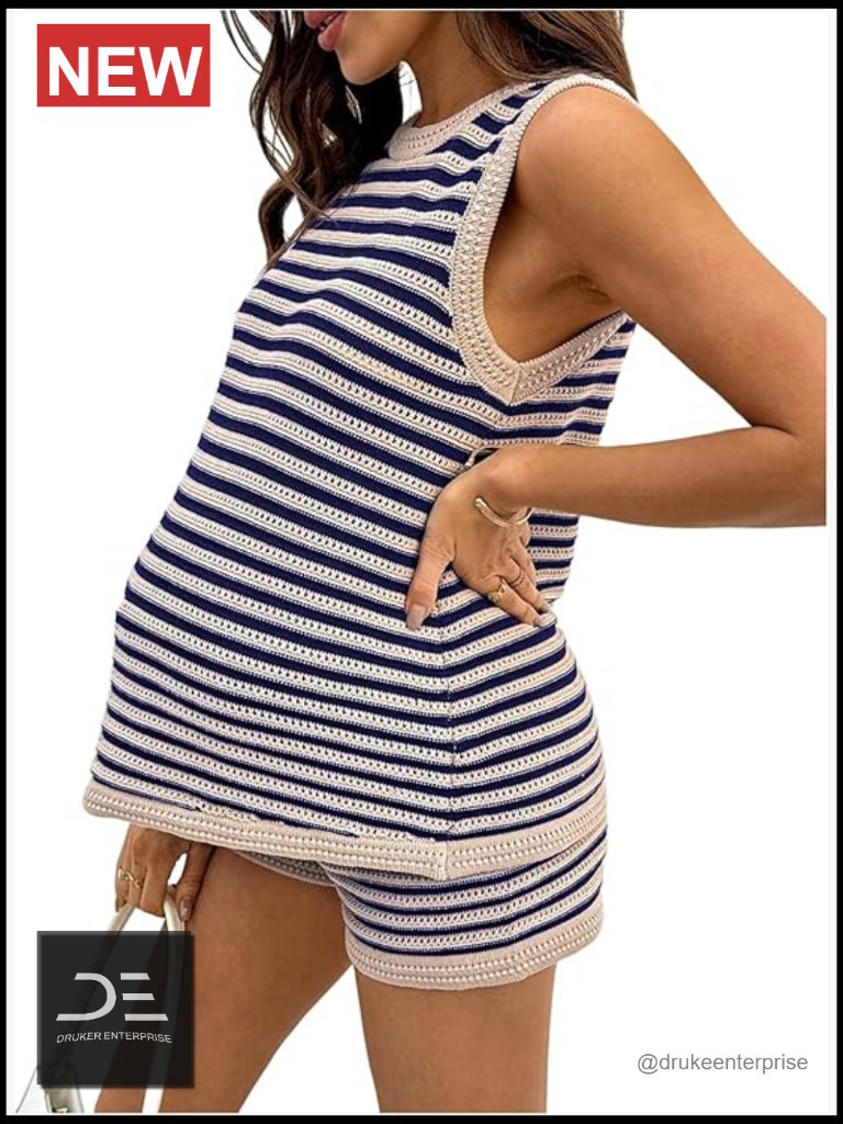 Maternity 2 Piece Outfits Striped Knit Tank Tops And Shorts Loungewear